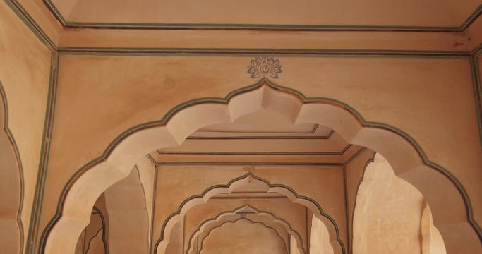Corridor, wall and arch inside Sheesh Mahal in Amer (Amber) Fort
