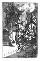 Antique vintage religious engraving or drawing of woman in bed that wakes up and angel reminds her to go pray to god at altar.Illustration from Book Die Betrubte Und noch Ihrem Beliebten..., Austrian