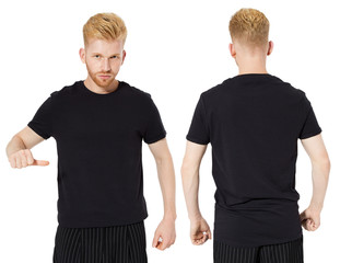 Red-head man in black tshirt set isolated over white.