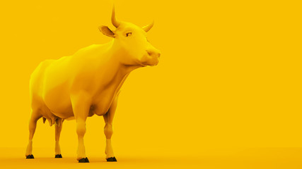 Cow isolated on yellow background. Minimal idea concept, 3d illustration