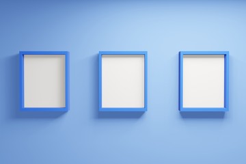 Empty three frames on dark blue. View from the front minimal interior concept. Empty product for photo or picture and advertising standing background. 3D render.