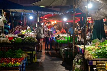 People buying fruit and vegetable in morning market for making breakfast or buying in bulk to resell at regional local in thailand