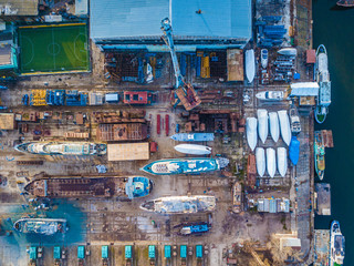 Fototapeta premium Aerial drone view. Ships are at the shipyard.