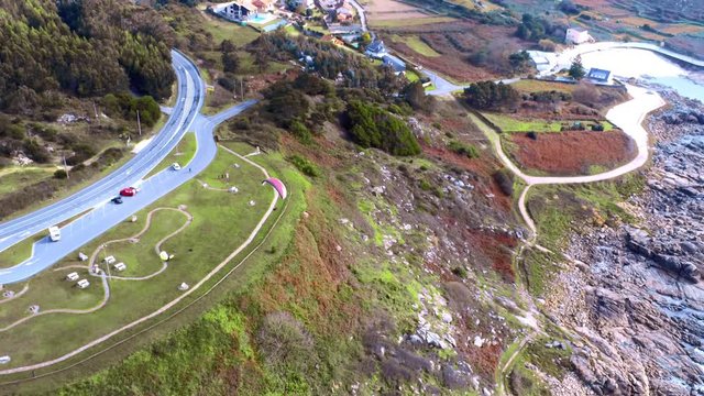 Paragliding over the Guarda village, Loucenzas viewpoint, Pontevedra, Galicia, Spain. Beautiful autumn aerial landscape and extreme sport