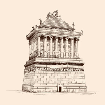 Mausoleum with columns in Halicarnassus. Pencil sketch on a beige background.