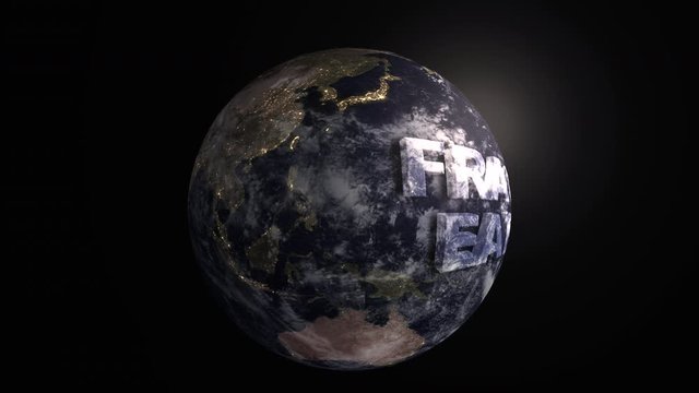 Fragile Earth text written in 3D on a realistic Earth from night to day