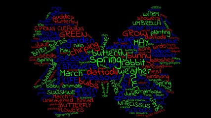 Neon spring word cloud in a butterfly shape, black background