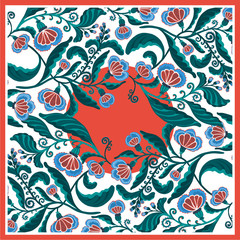 Silk scarf with abstract flowers vector pattern with hand drawn floral elements.