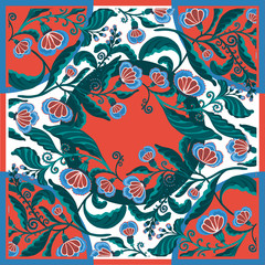 Silk scarf with abstract flowers vector pattern with hand drawn floral elements.