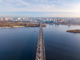 Fototapeta na wymiar Aerial drone view. Patona bridge in Kyiv.
