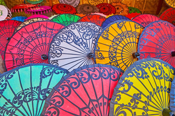 Close-up of Burmese umbrellas, Htilominlo Temple market, Bagan, Myanmar