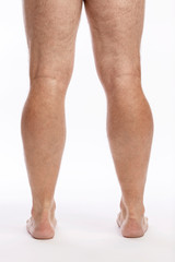 Bare hairy male legs on a white background. Close-up.
