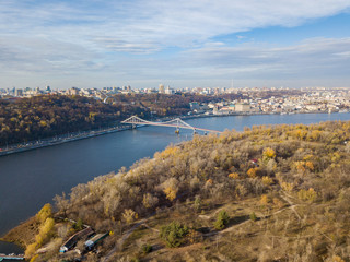 Aerial drone view of Dnieper river in Kiev