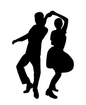 Couple on vintage retro swing jazz party. Silhouette isolated. People in 40s or 50s style dancing rockabilly,charleston,jazzlindy hop or boogie woogie. Vector human illustration in black white colors.
