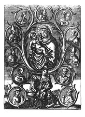 Antique vintage religious engraving or drawing of queen sitting on throne with Jesus, virgin Mary, kings and saints around.Kingdom of Bohemia.Illustration from Book Die Betrubte Und noch Ihrem