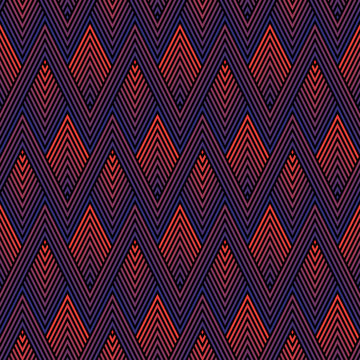 Vector abstract colorful geometric seamless pattern with zigzag lines, stripes, chevron, halftone rhombuses. Creative sport style texture. Trendy graphic background. Red, blue, purple and black colors