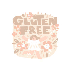 Vector hand drawn character. Girl and the inscription. Gluten free lettering. Frame with abstract flowers. Happy running girl. Healthy eating, food, diet. Icon, isolated clipart, sticker.