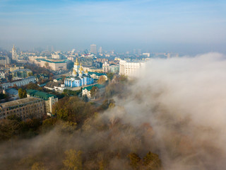 Aerial drone view. St. Michael's Cathedral in Kiev in a light morning fog.
