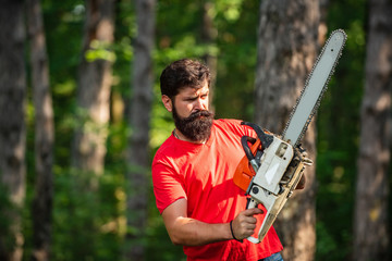 Lumberjack worker with chainsaw in the forest. Lumberjack in the woods with chainsaw axe. Lumberjack with chainsaw on forest background.