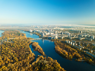 Fototapeta premium Aerial drone view. Dnieper River in Kiev.