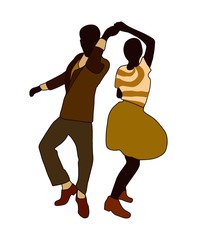 Swing jazz party time. Dancing couples isolated on white in cartoon style. People in 40s or 50s style. Men and women on swing, jazz, lindy hop or boogie woogie party. Vector vintage illustration.