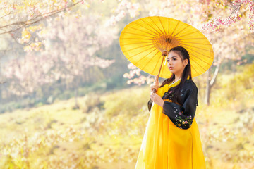 Korean girl wearing a hanbok wearing a yellow umbrella. Beautiful Female wearing traditional Korean hanbok with cherry blossom in spring, Korea. Asian woman tourists