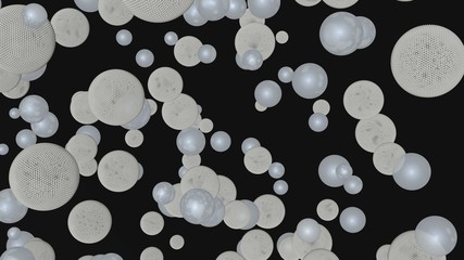 Abstract luxury background with white spheres, pseudo scientific and minimalist black bacground, 3d rendering