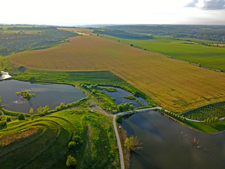 Fototapeta premium Aerial drone view. Lakes among agricultural fields.
