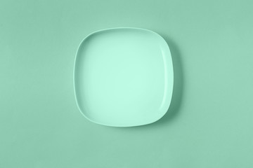 Food empty plate toned in trendy neo mint color, flat lay.