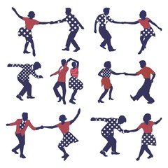 Set retro colored dancing people in a retro swing isolated. People in 40s or 50s style dancing rockabilly,charleston,jazz,lindy hop or boogie woogie.Vector stock human vintage illustration.Retro jazz.