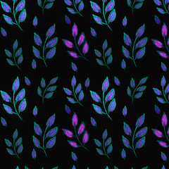 seamless floral pattern with branches with blue and pink colors on black background. summer and spring pattern. textile, fabrics, print, wallpaper, packaging design