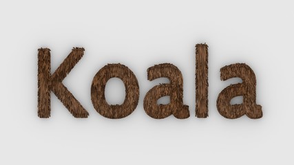 Koala - 3d word brown on white background. render of furry letters. Australia animal, australian emergency, help fire emblem design template. Veterinary clinics animal shelters homeless illustration