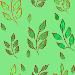 seamless pattern with green leaves on light green background. Hand writing. Spring pattern. Print, packaging, wallpaper, textile, fabric design