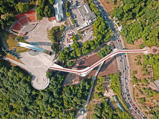 Aerial drone view. Glass foot bridge in Kiev.