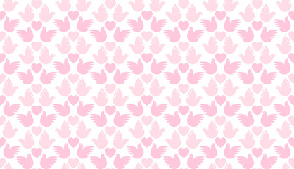 Valentine's Day holiday background, seamless love pattern of hearts and pigeons, simple vector for you design