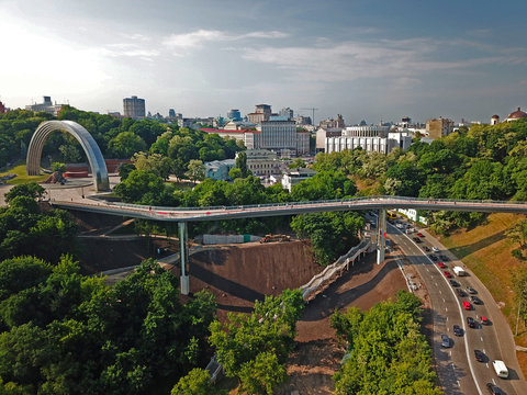 Aerial Drone View. Glass Foot Bridge In Kiev.