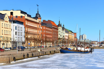Pohjoisranta embankment in spring sunny day. Helsinki, Suomi