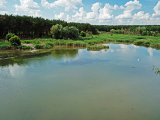 Fototapeta na wymiar Aerial drone view. Forest lake in the country.