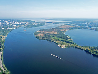 Aerial drone view. The spills of the Dnieper near Kiev.