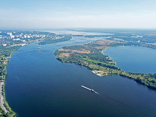 Aerial drone view. The spills of the Dnieper near Kiev.