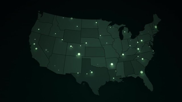 Cinematic United States Map with flickering lights. Night view military scientific map rotates. Animated hud map with city light at night