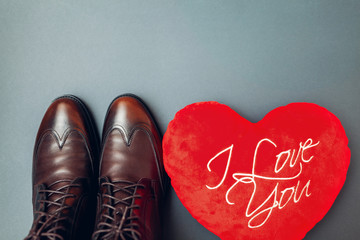Shoes boots for Valentines day as present for man with red heart I love you. Male winter fashion....