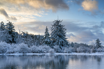 Early Winter Morning With First Snow Along Mud Bay, Puget Sound, Olympia, Washington