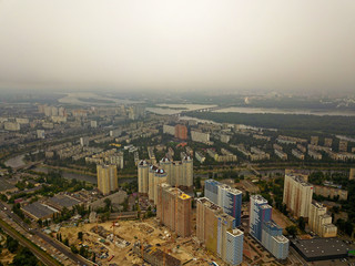 Fototapeta na wymiar Aerial drone view of the Dnieper River and the city of Kiev.
