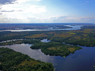 Aerial drone view. Tributaries of the Dnieper near Kiev.