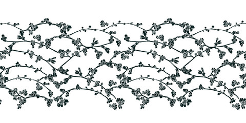 Vector realistic botany cherry tree repeat border with spring floral. Beautiful design for wedding, event. Nature background. Print, fabric, stationary.