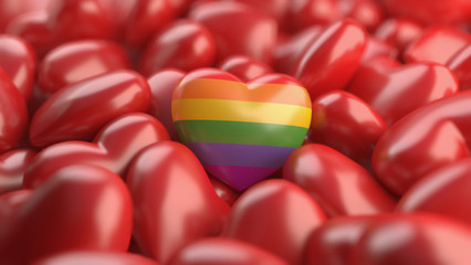 Close up rainbow heart surrounds by red hearts ,3D Rendering