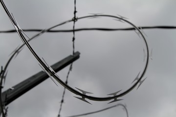 barbed wire fence with gray skies