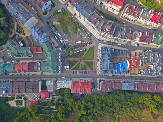 Fototapeta premium Aeiral drone view. Vozdvizhenskaya outskirts in Kiev.