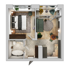 Apartment plan in perspective. Top view on 3d model